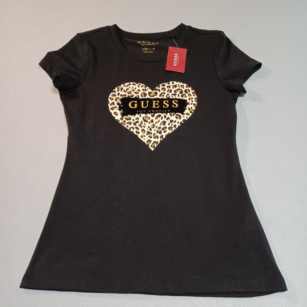 Guess Los Angeles Womens Syd Leopard Heart Crew T-Shirt Black Small R3GI31KBRV